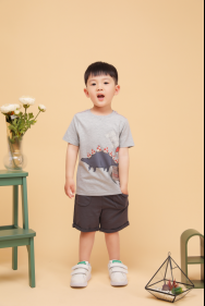 Children's casual hemp gray short sleeve + dark gray shorts set