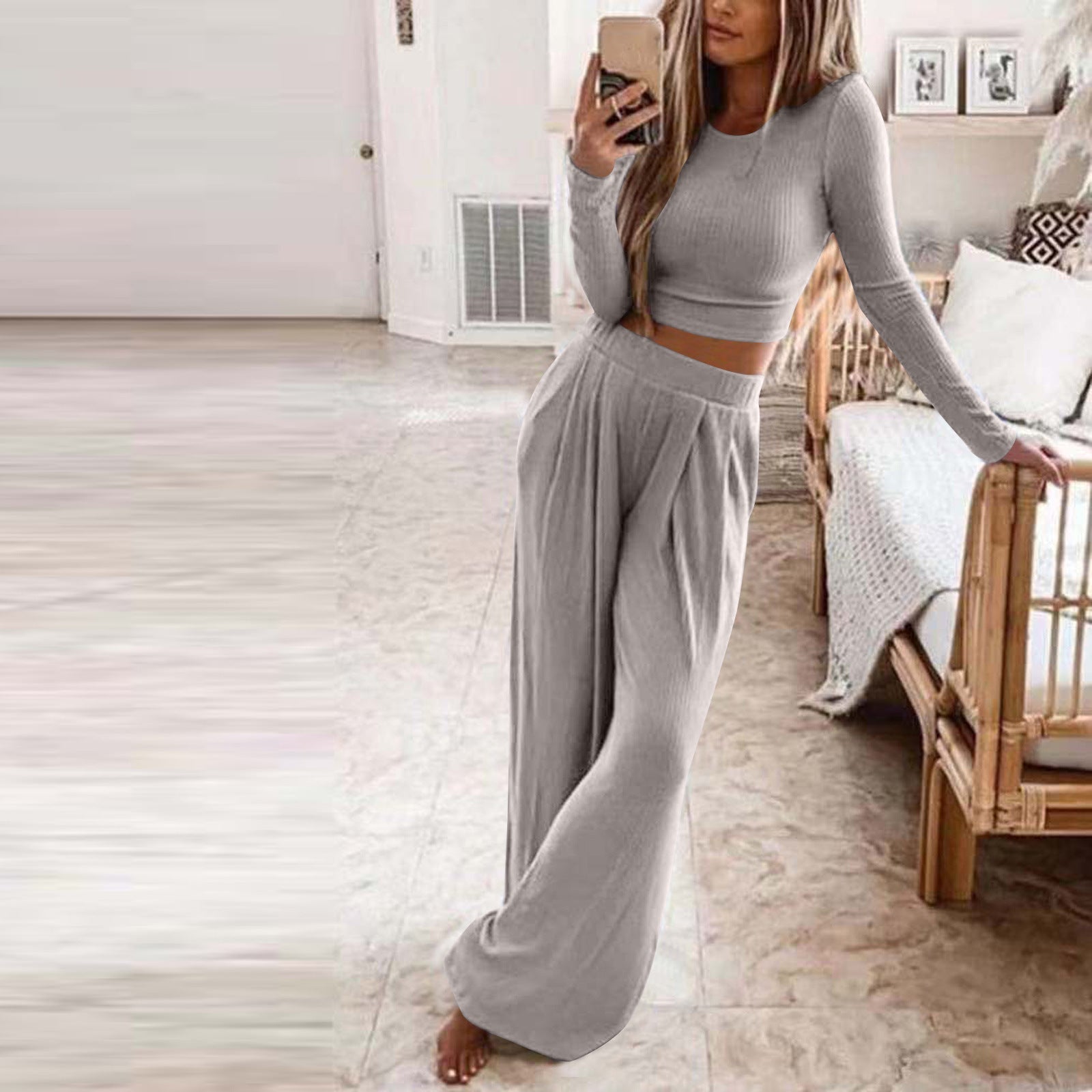 Women's Solid Color Knit Casual Home Two-Piece Suit for Women