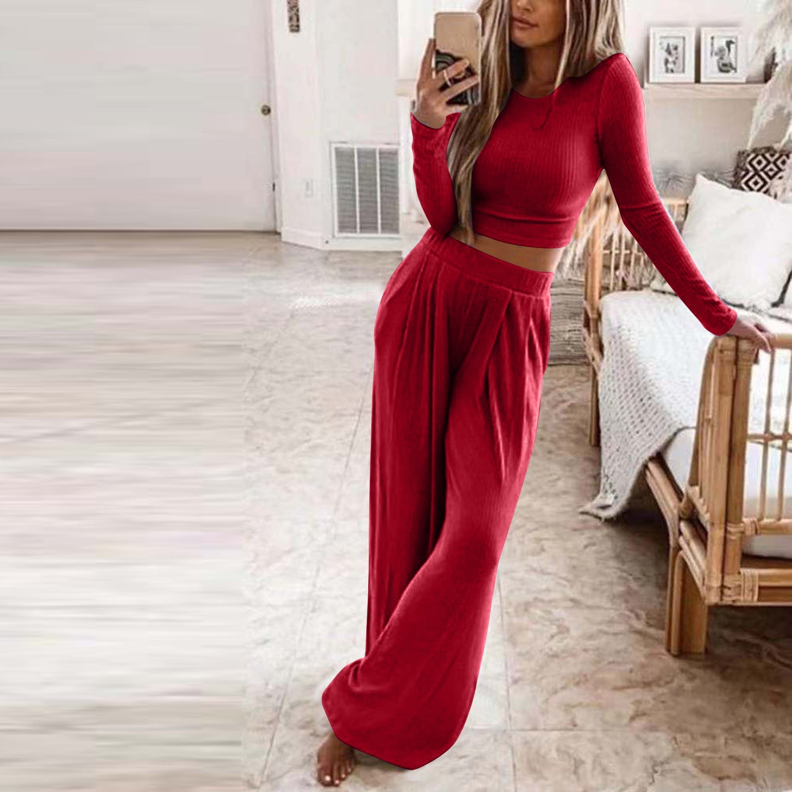 Women's Solid Color Knit Casual Home Two-Piece Suit for Women