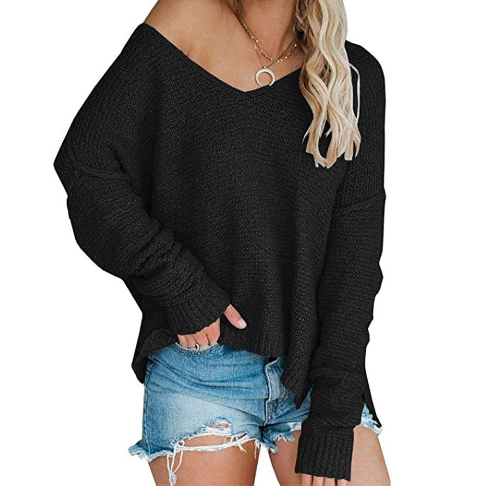 V-neck Loose Sweater Large Size Fashion Pullover Sweater for Women Black L