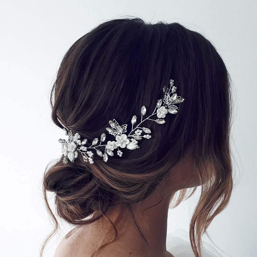 Bride Flower Wedding Hair Vine Silver Pearls Bridal Hair Piece Crystal Hair Accessories for Women and Girls