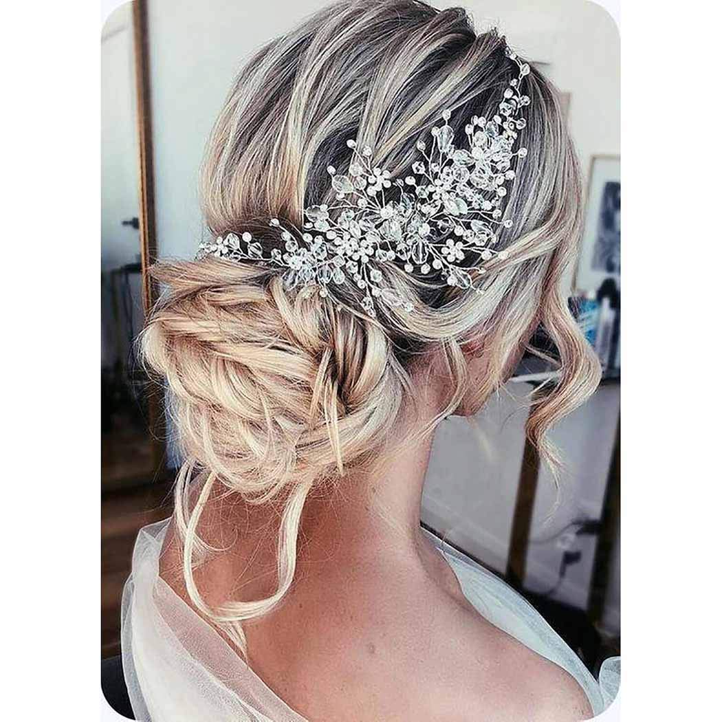 Flower Bride Wedding Headband Silver Crystal Pearl Hair Vine Braid Headpiece Bridal Hair Accessories for Women