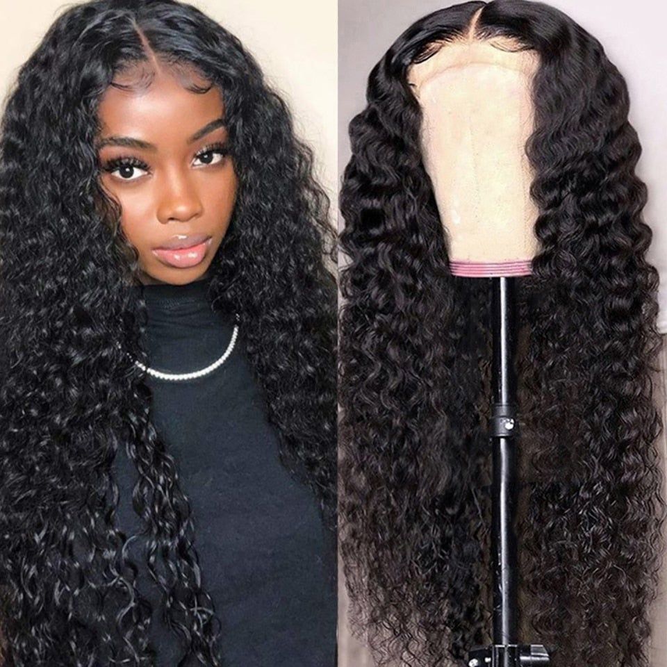 Deep Wave 4X4 Lace Closure 100% Human Virgin Hair Wig Natual Black