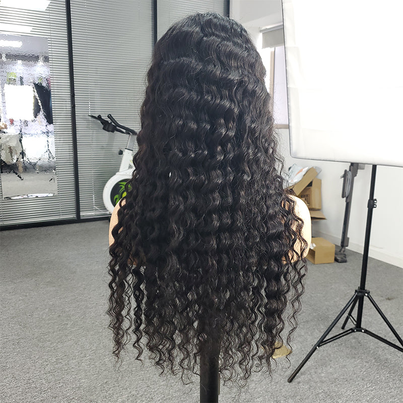 Deep Wave 13X4 Lace Frontal 100% Human Remy Hair Wig Natual Black For Women