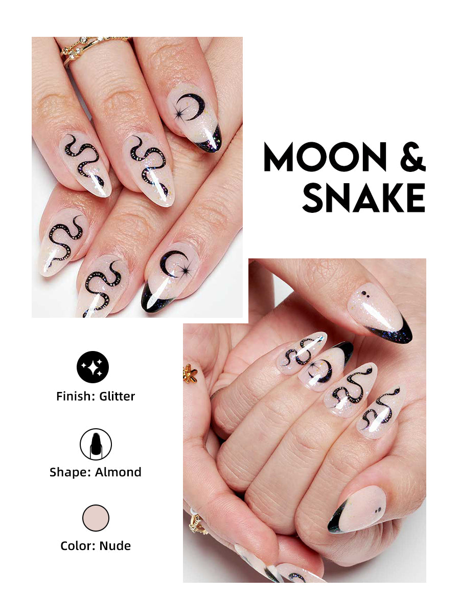 Women Fashion Mani Press On Nails Moon & Snake