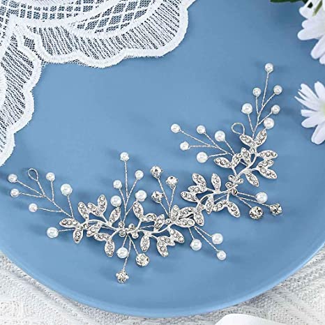 Crystal Bridal Headband Silver Leaves Wedding Hair Vine Pearls Bride Hair Pieces for Women and Girls