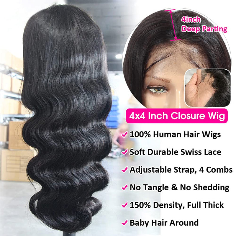 Body Wave 4x4 Lace Closure Brazilian 100% Human Hair Wigs Natural Black