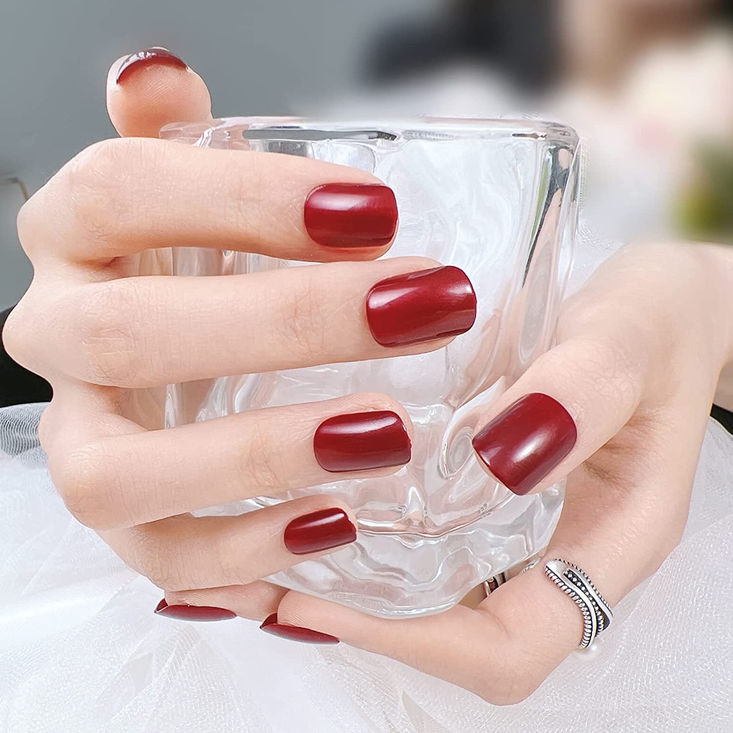 Press On Nails Short French Nails Kit Acrylic Set With Gel Finish Fake Nails For Women Solid Color 24pcs (DARKRED) 24 pcs