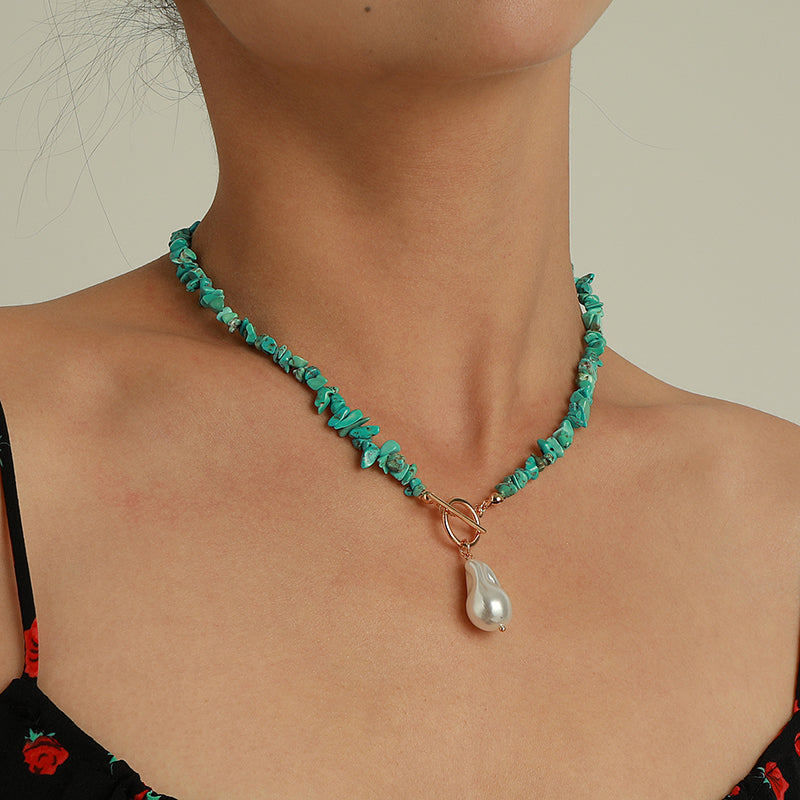 Transformed turquoise pearl pendant OT clasp necklace