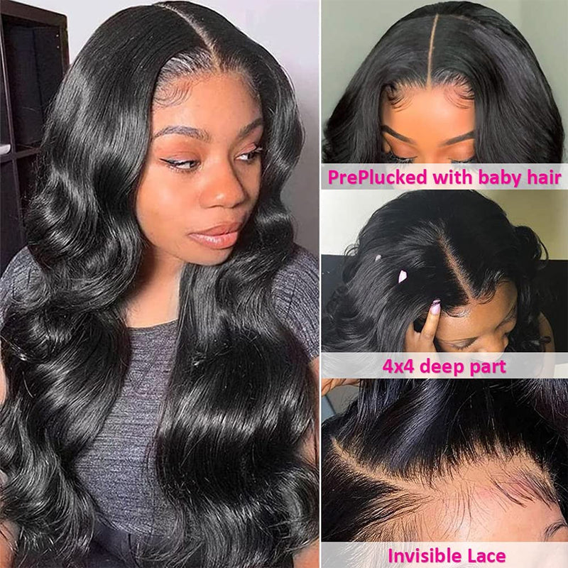 Body Wave 4x4 Lace Closure Brazilian 100% Human Hair Wigs Natural Black