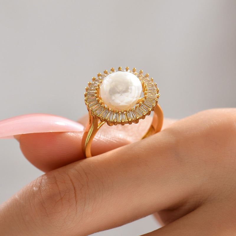 Natural cut freshwater pearl zircon copper plated 18-karat gold ring