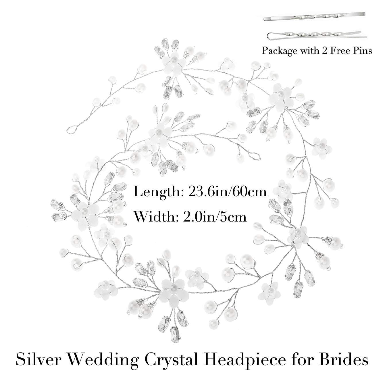 Wedding Crystal Flower Hair Vine Bridal Headpiece Headbands Wedding Hair Accessories for Brides (Silver)