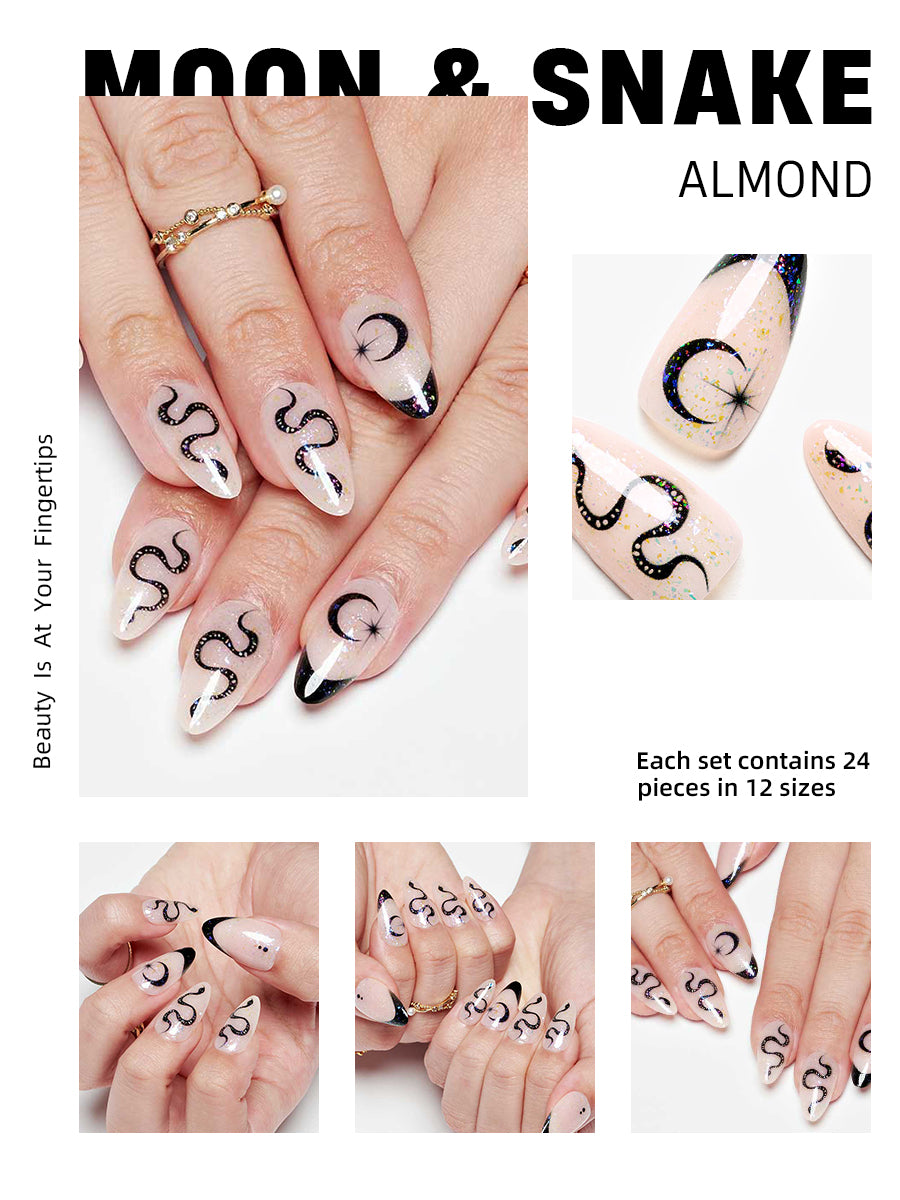 Women Fashion Mani Press On Nails Moon & Snake