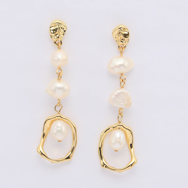 Fashion Jewelry s925 Silver Needle 18K Gold Plated Dangle Earrings Geometric Long Freshwater Baroque Pearl Earrings