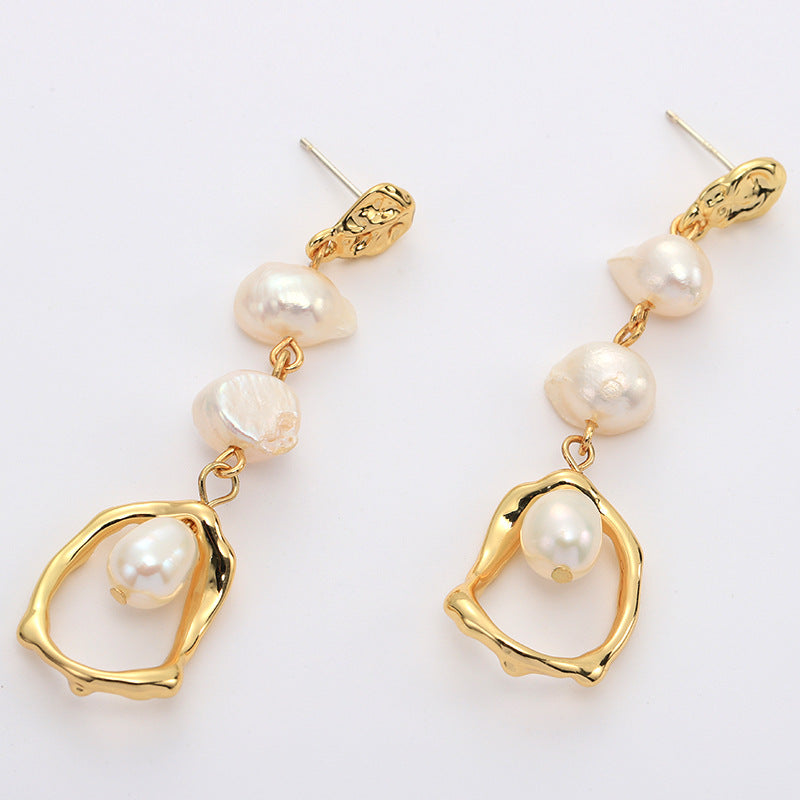 Fashion Jewelry s925 Silver Needle 18K Gold Plated Dangle Earrings Geometric Long Freshwater Baroque Pearl Earrings