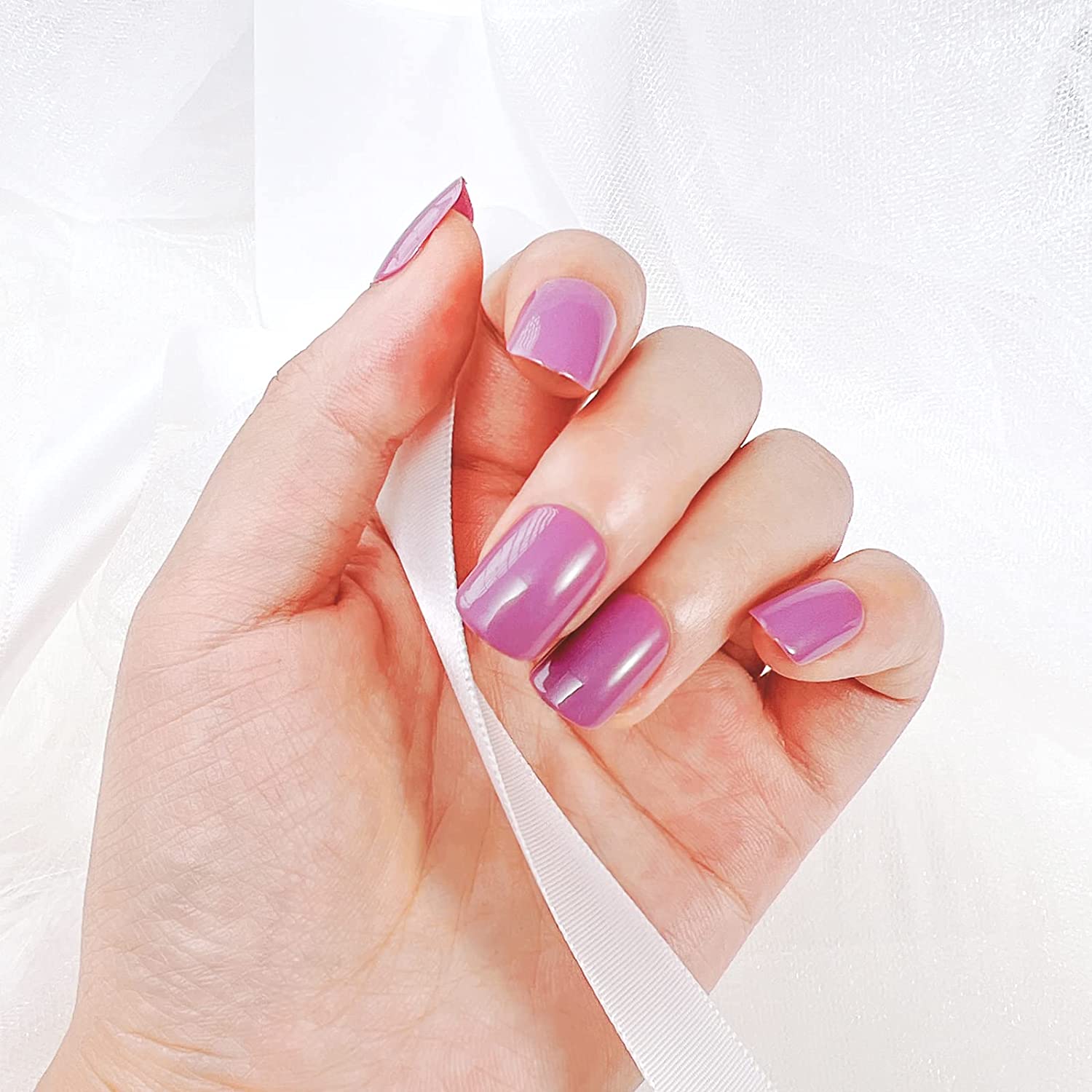 Short Press On Nails Glossy Fake Nails With Gel Finish For Women Solid Color 24pcs (LAVENDER) 24pcs