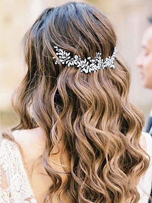 Crystal Bridal Headband Silver Leaves Wedding Hair Vine Pearls Bride Hair Pieces for Women and Girls