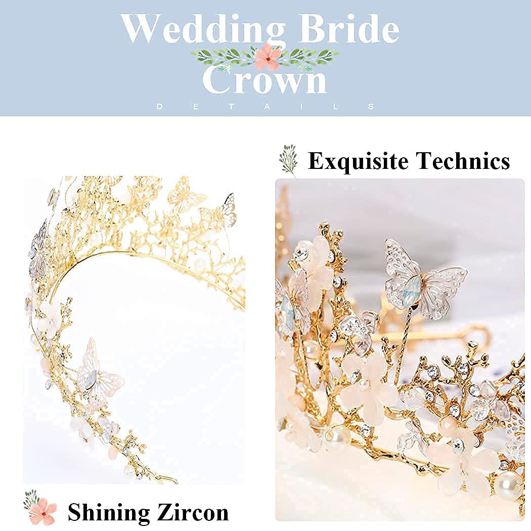 Queen Crown Gold Tiaras Butterfly Rhinestone Crowns Bridal Wedding Costmue Headpiece for Women and Girls