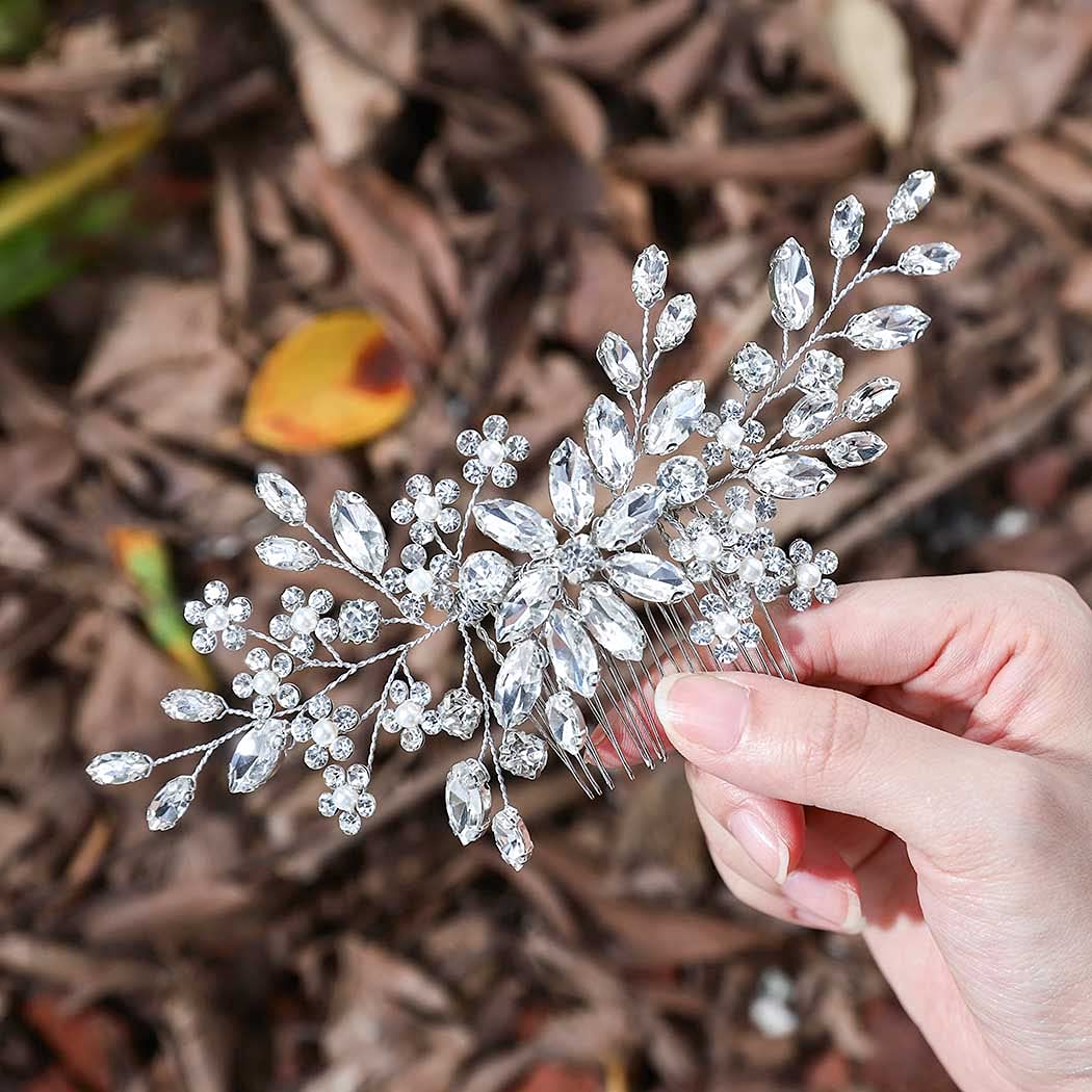 Flower Crystal Bride Wedding Hair Comb Hair Accessories with Pearl Bridal Side Comb Headpiece for Women Pack of 1