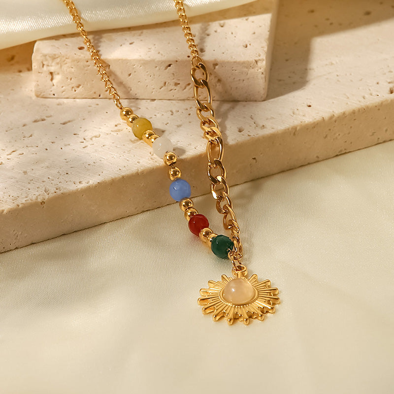 18K gold Natural stone Opal Sun Pendant colorful stone necklace