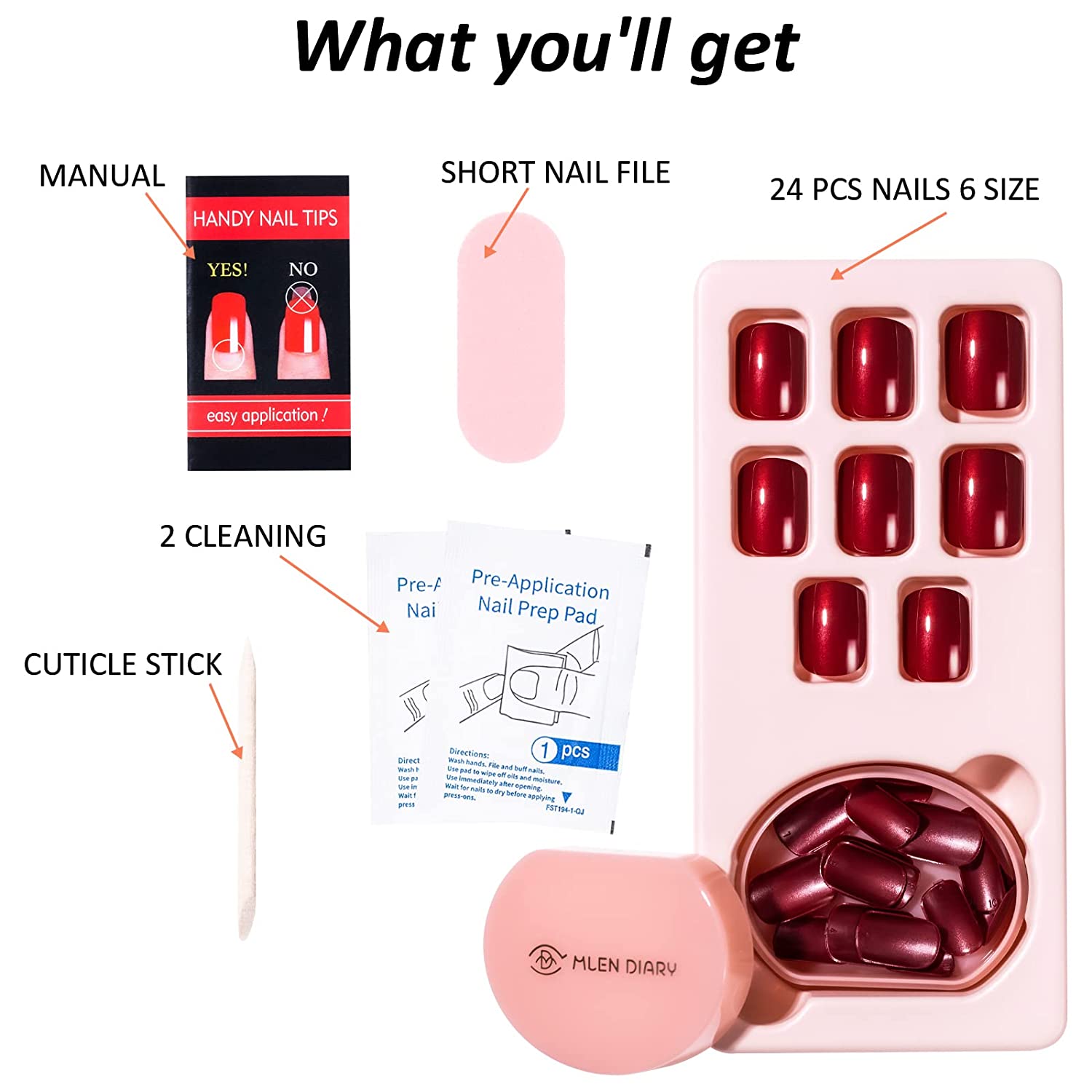 Press On Nails Short French Nails Kit Acrylic Set With Gel Finish Fake Nails For Women Solid Color 24pcs (DARKRED) 24 pcs