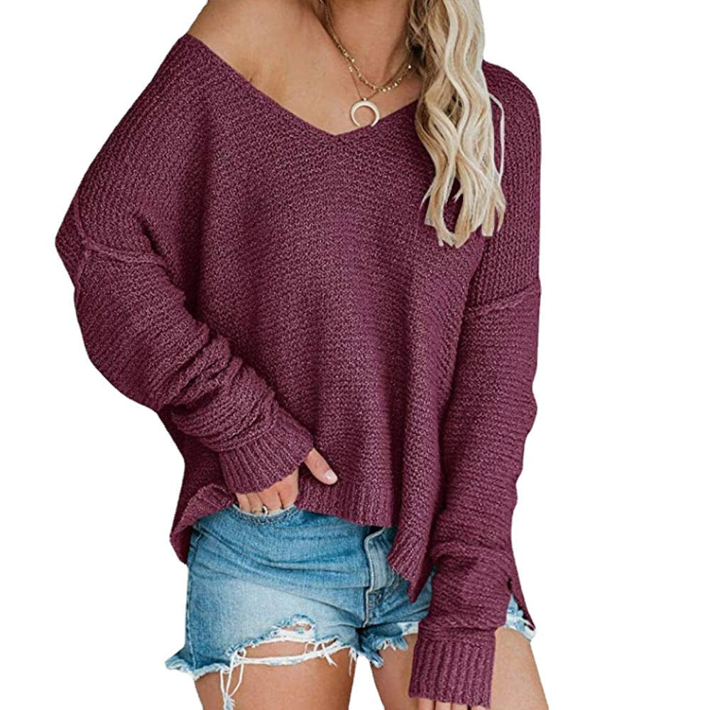 V-neck Loose Sweater Large Size Fashion Pullover Sweater for Women Black L