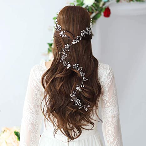 Wedding Hair Vine Silver Long Bridal Headband Hair Accessories for Bride and Bridesmaid (100cm / 39.3inches)