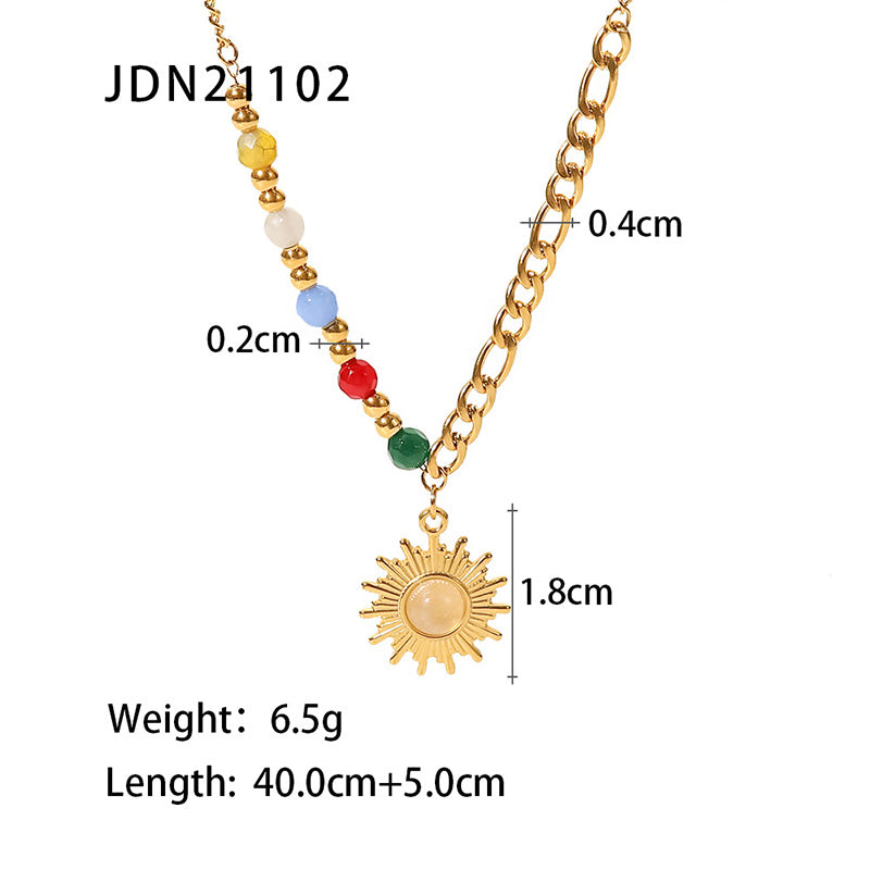 18K gold Natural stone Opal Sun Pendant colorful stone necklace