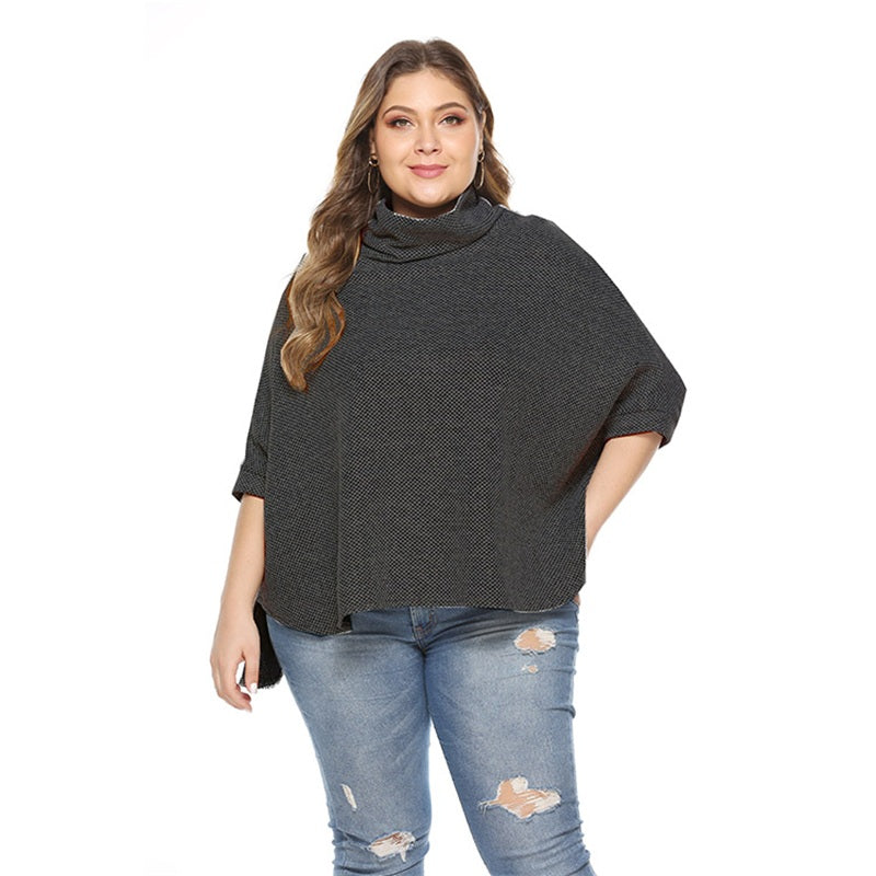 Women's Plus Size High Neck Bat Sleeve Sweater Black One Size